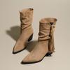2025 Autumn/Winter Women's Mid-Calf Suede Western Cowboy Boots with Pointed Toe, Chunky Heel, Tassel, and Ruched Design.