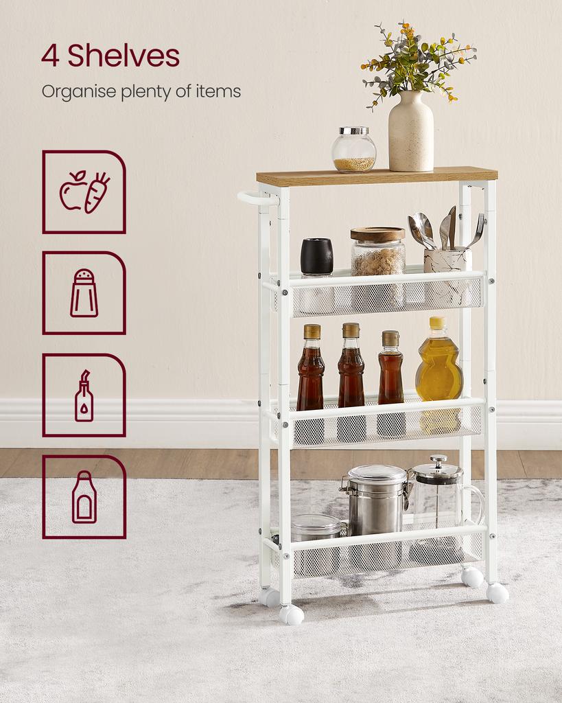 VASAGLE 4-Shelf Trolley, Space-Saving Kitchen Cart with Wheels, Steel Frame, Handle, Trolley for Small Spaces, Kitchen Bathroom Living Room Studio