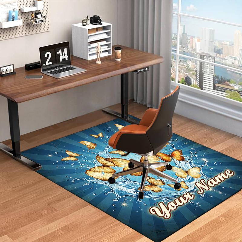 1PC Custom Name Butterflies Water Splash Theme Floor Mat Ideal for Living Room, Game Rooms, Office, Bedroom, Floor Mat Playful Design