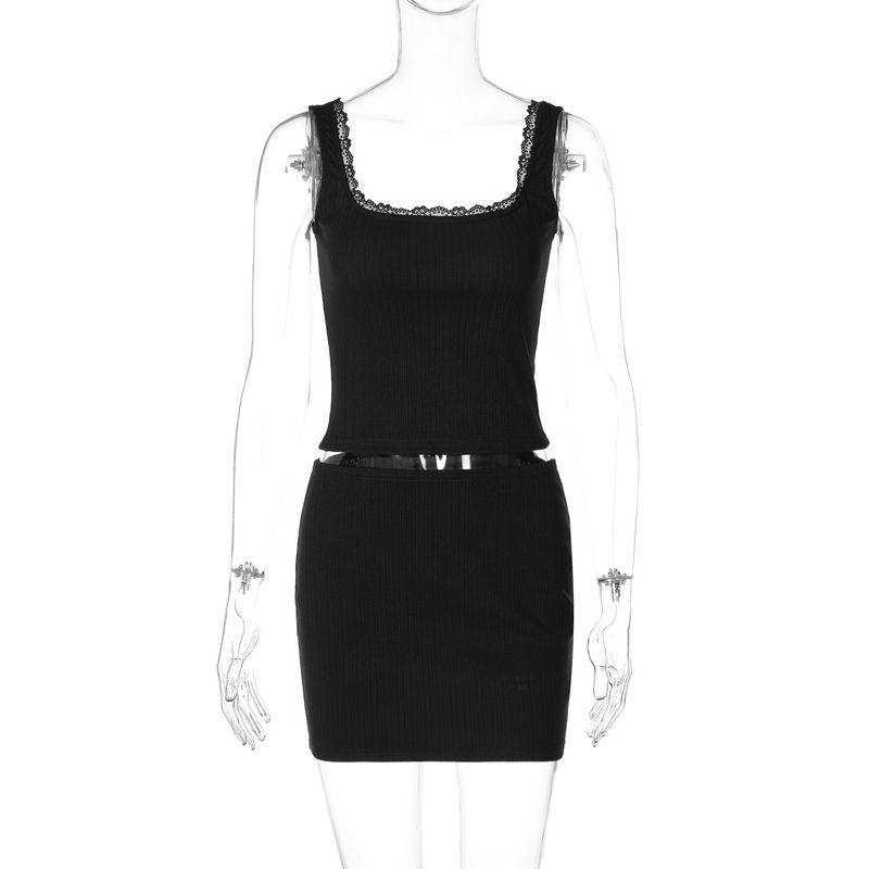 

Lace Lace Camisole Wrapped Hip Skirt Set Lace Trim Sling Bodycon Dress Suit Black L