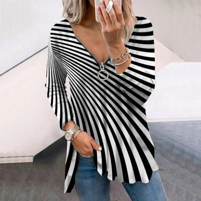Damen Herbst Kreative Diagonale Linien Bedruckte Langarm-T-Shirts Lockerer V-Ausschnitt Übergröße T-Shirt Tops Bequeme Bluse