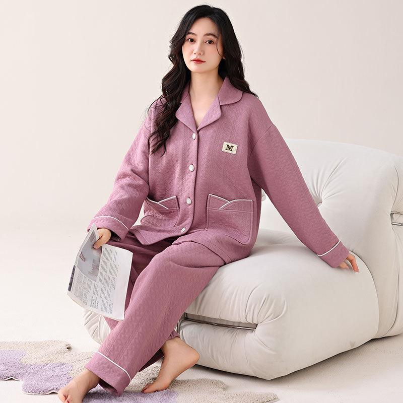 Pajamas Women'S Winter Thickened Pure Cotton Long-Sleeved Sandwich Air Cotton Autumn And Winter Loungewear Winter