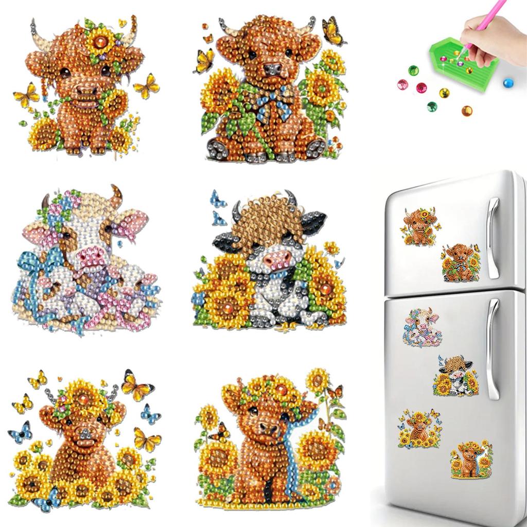 6pcs 2D/flat Acrylic DIY Animals Diamond Painting Magnets DIY Art Fridge Magnet Refrigerator Sticker Magnetic Diamond Art Decor