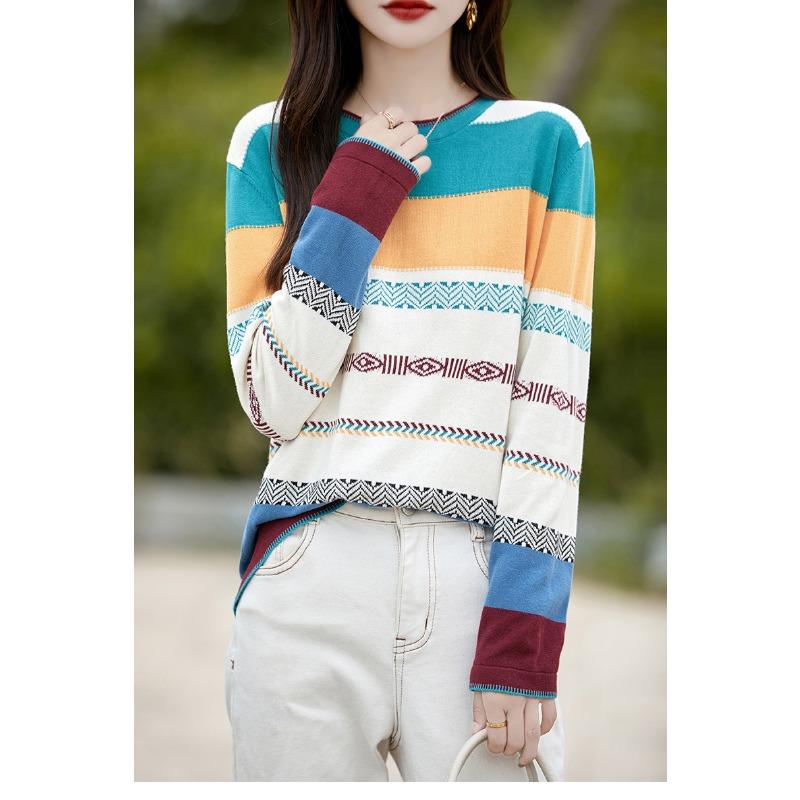 Pure Cotton Rainbow Jacquard Round Neck Sweater for Women In Autumn and Winter Fashion Versatile Base Shirt Sweat-absorbing Long-sleeved Top