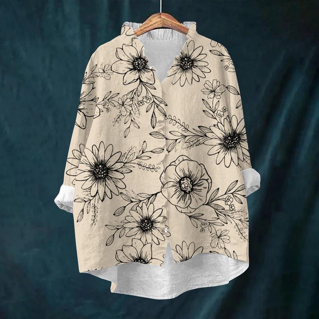 Women's Loose Ruffled Retro Floral Print Stand Collar Long Sleeve Cotton And Linen Top