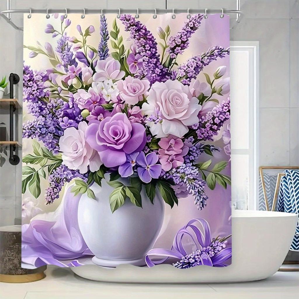 4Pcs Elegant Purple Floral Shower Curtain Set with Non-Slip Bath Mat, Toilet Lid Cover, Contour Rug & 12 Hooks, Bathroom Decor