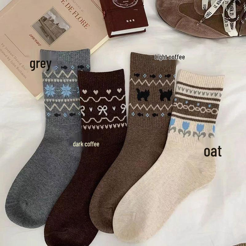 Retro Fair Isle Women's Mid-Calf Puppy Socks - Warm, Thickened, Cute for Autumn/Winter