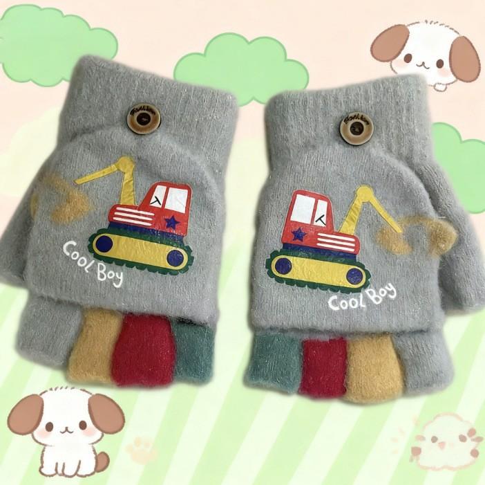 Autumn and Winter New Children's Gloves Autumn Baby Cartoon Cute Half Finger Flip Gloves Cold and Warm