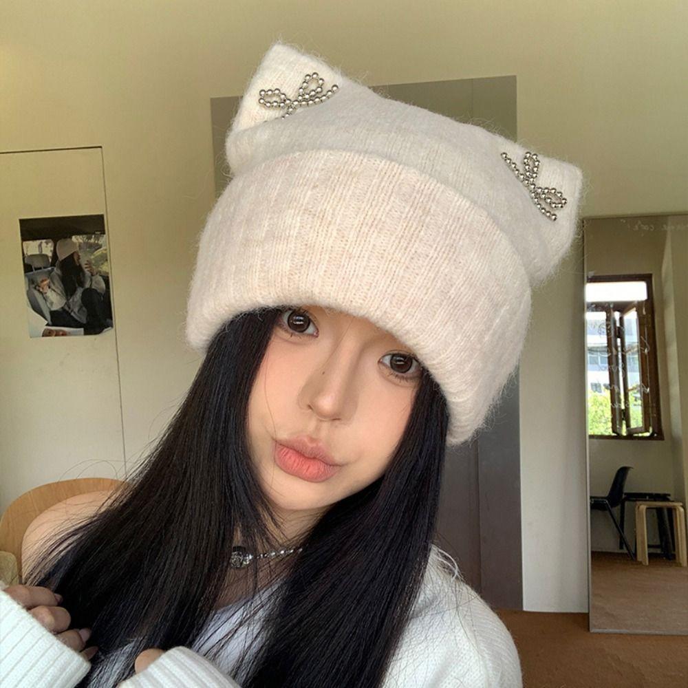 Bow Knitted Pullover Hat Fluffy Winter Wool Hat Keep Warm Cat Ears Beanie Hat  Girls