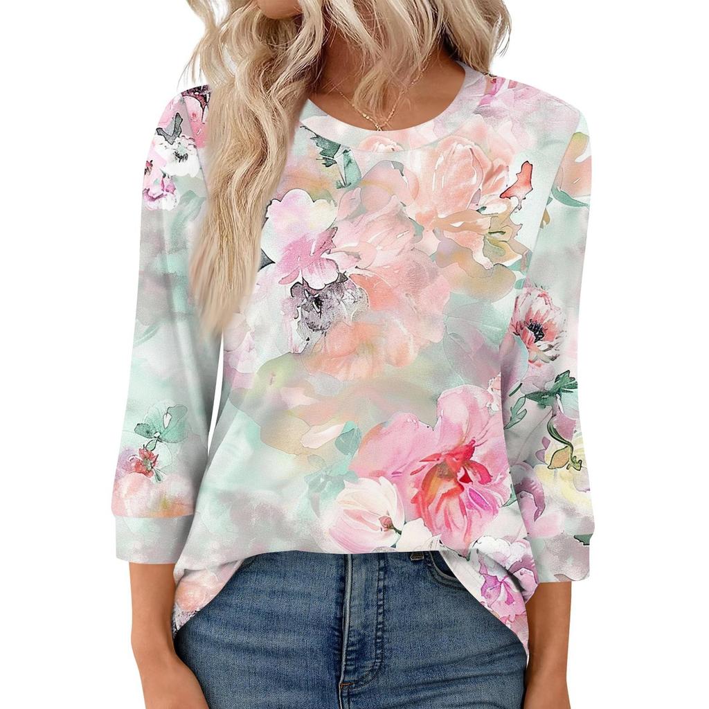 Women's Fashion Casual Round Neck 3/4 Sleeve Loose  Printed T-Shirt Ladies Top