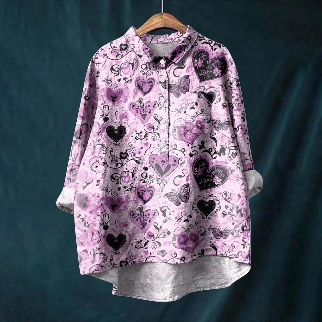 Women's Long Sleeve Shirt Button Vintage Floral Print Casual Hem Irregular Shirt Collar Top
