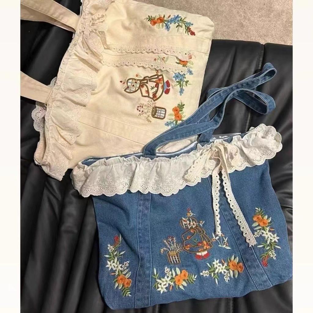 Spring and Summer New Mori Sweet Japanese Literary and Retro Sweet Lace Splicing Embroidered Shoulder Denim Handbag Bag