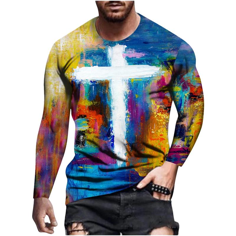 Jesus Cross 3D Print T-Shirts Men's Round Neck Long Sleeve T Shirt Streetwear Harajuku Y2k Hip Pop Street Wear Tops Mens Clothes
