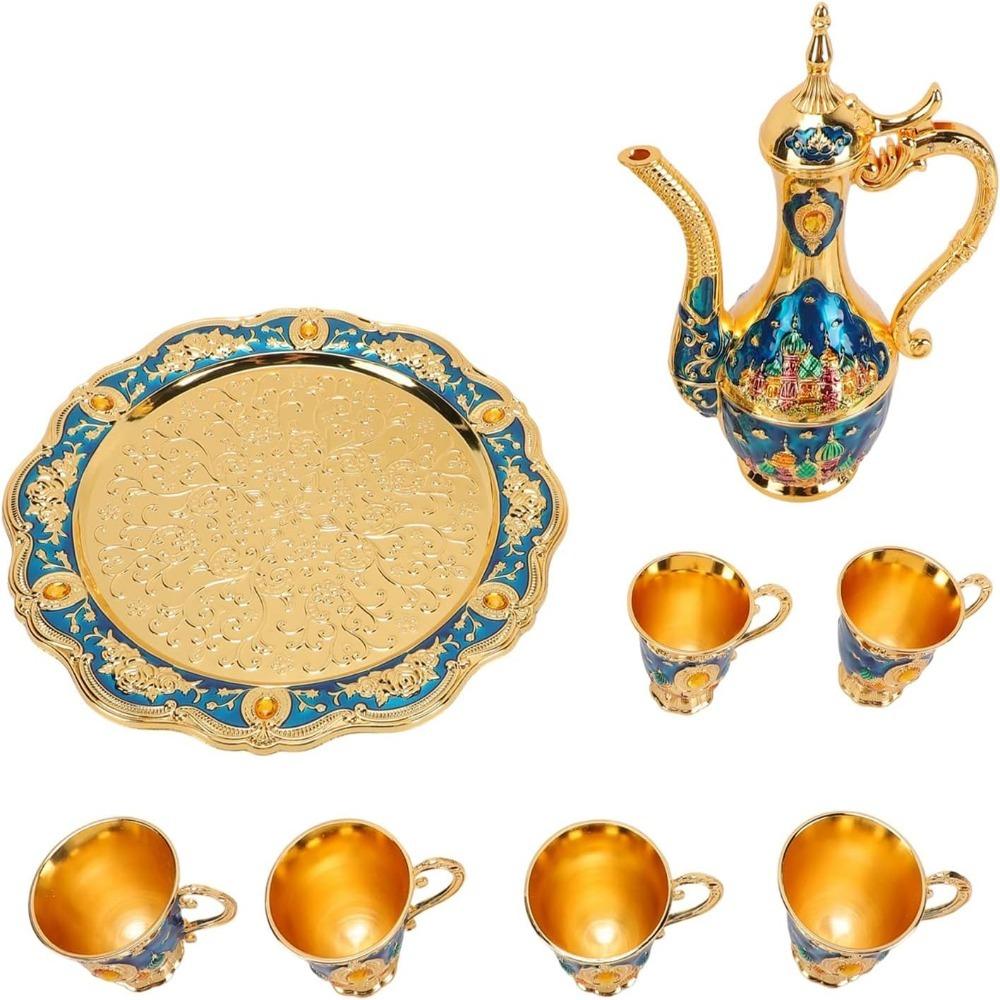 Zinc Alloy Turkish Coffee Pot Set Shiny Crystal Tray Metal Cup Set Wine Server Set Table Decor