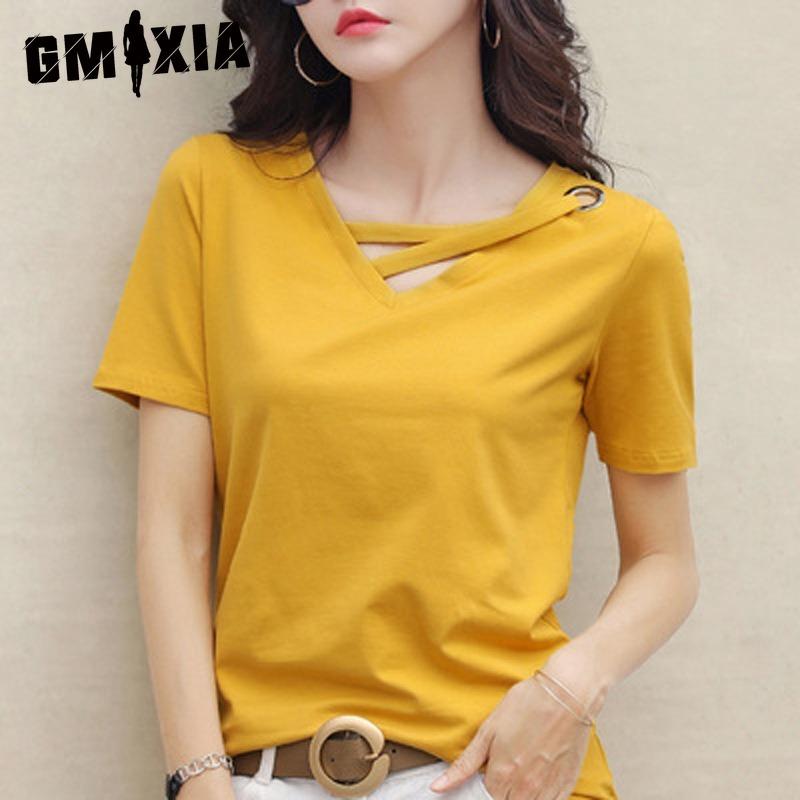 GMXIA Women's Fashion Casual Solid Color Print Short Sleeve V Neck Blouses & Shirts