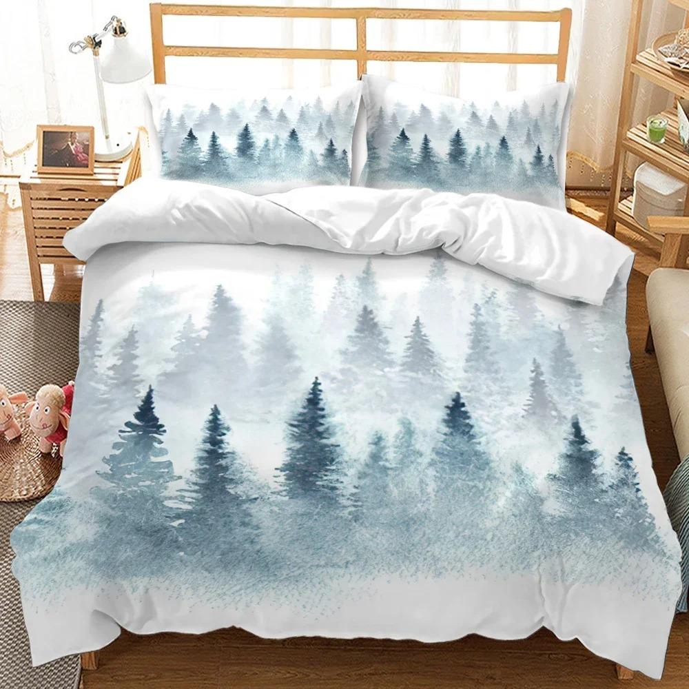 3D Mountain Forest Duvet Cover Set Snow Mountain Winter Theme King Queen Size Comforter Cover for Kid Teen Polyester Bedding Set