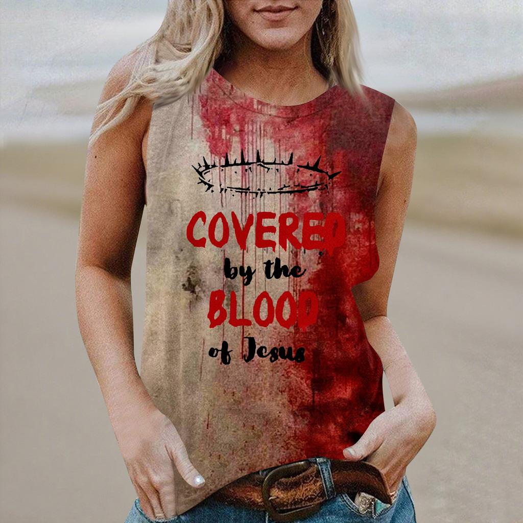 Women's Round Neck Casual Sleeveless Halloween Printed Vest T-Shirt Top