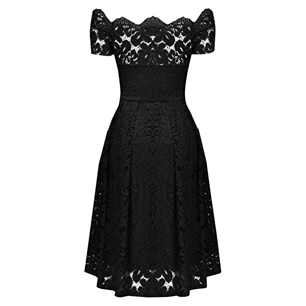 Women's  Casual Fasion Solid Color Strapless Hollow Out Short-sleeve Waist A-line Big Swing Lace With  Dress