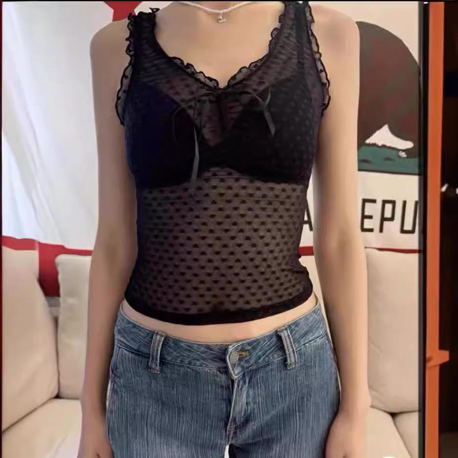 

Топ-жилет в стиле BM с рюшами, V-образным вырезом, бантом, сеткой, прозрачный, приталенный для женщин One Size