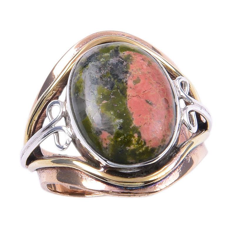 Naturlig Unakitt Edelstein Håndlaget 925 Sterlingsølv Tofarget Ring Størrelse 7 v5n94