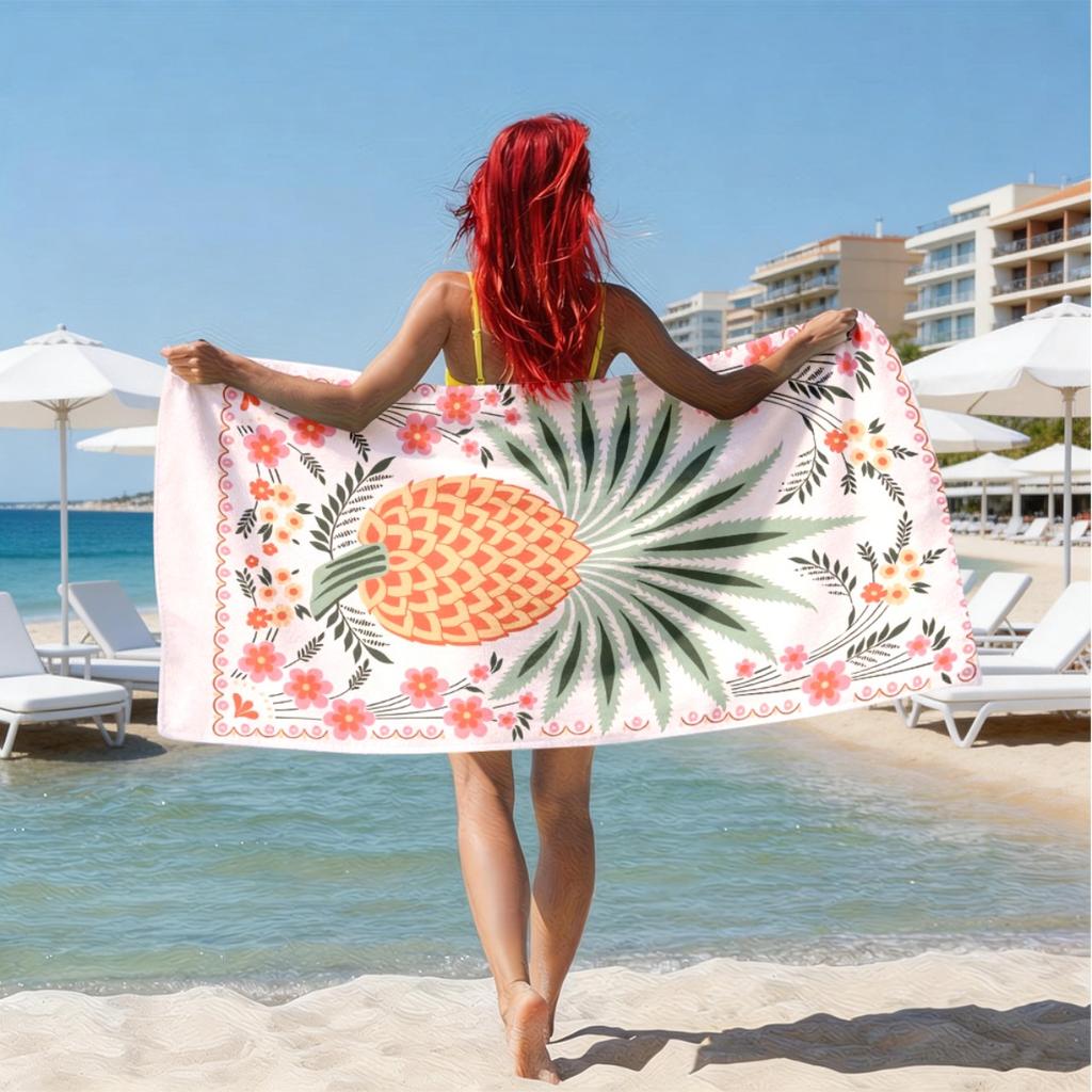 Bohemian Pineapple Flowers Polyester Microfiber Beach Towel Is Highly Absorbent, Suitable for Swimming and Beach Outings