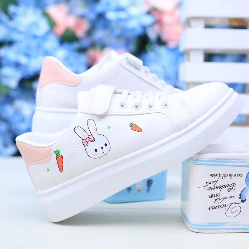 

Fashion 2025Women Sneakers Vulcanize Shoes Spring Autumn Breathable Flats Color Print Cartoon Rabbit Young Woman Casual White Shoes 40 белый