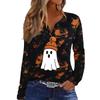 Women's Casual Long Sleeve T-Shirt with Halloween Print V-Neck and Button