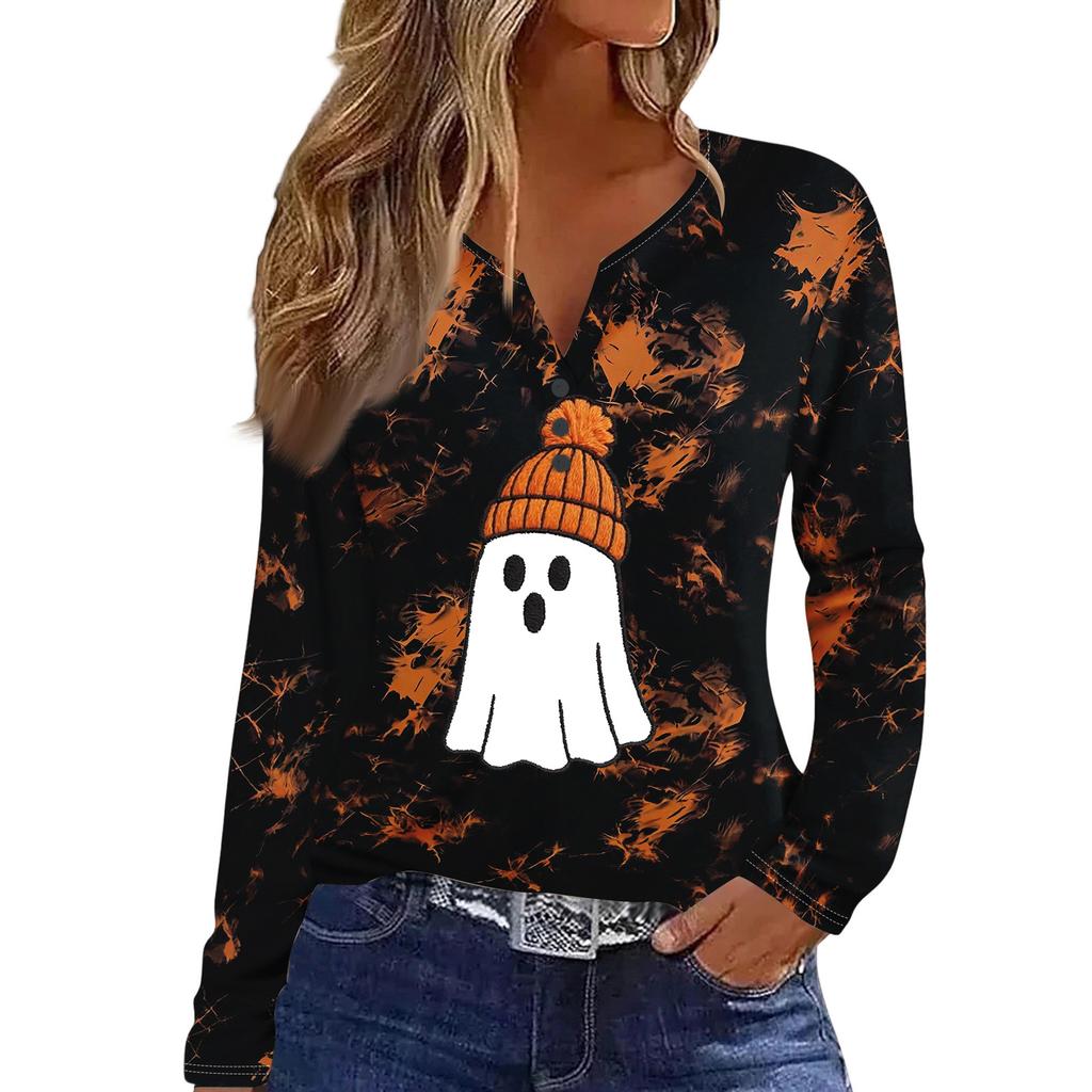 Women's Casual Long Sleeve T-Shirt with Halloween Print V-Neck and Button