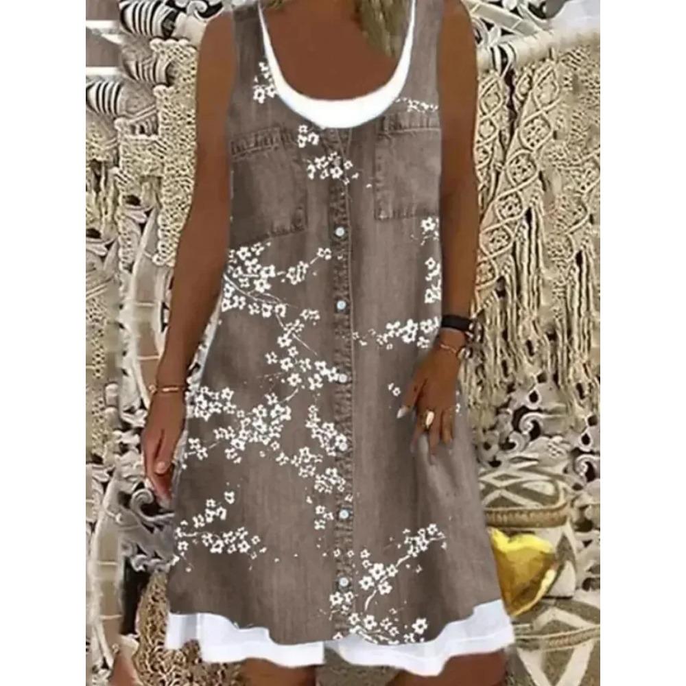 Nouvelle robe 2025 pour femme à impression numérique Fausse pièce deux pièces Imitation Jean Robe Décontractée Ample Col Rond Robe débardeur Femme Vestidos