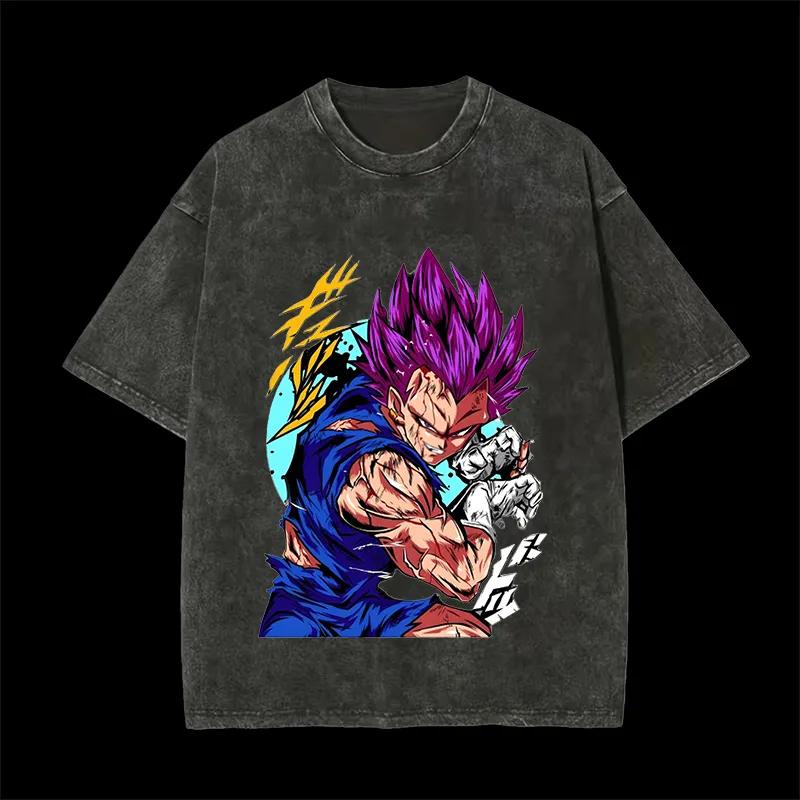 Ultra Ego Vegeta T Shirt Men Acid Wash Anime Purple Hair Manga Graphic Cotton Vintage Gym Streetwear Battle Damaged Tee Top