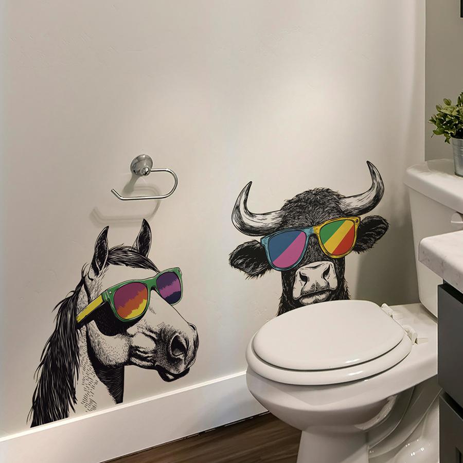 Creative Sunglasses-wearing Niu Ma Bathroom Wall Stickers, Funny Self-adhesive Bathroom Wall Decorations