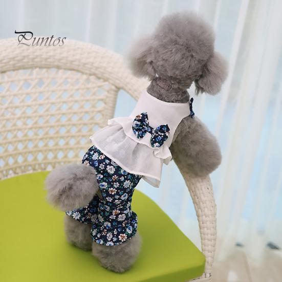 Honden Overalls Jumpsuit Ronde Hals Ruches Zoom Bloemenprint Huisdier Strik Romper Benodigdheden