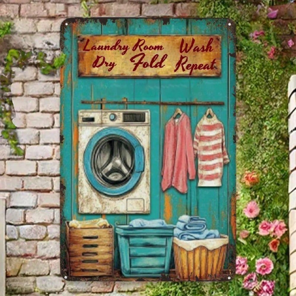 Vintage Metal Sign Laundry Room Wall Art Wash Dry Fold Repeat Rustic Aluminum Tin Plate for Home Bathroom Washroom Decoration 20x30cm(7.8x11.8inch)