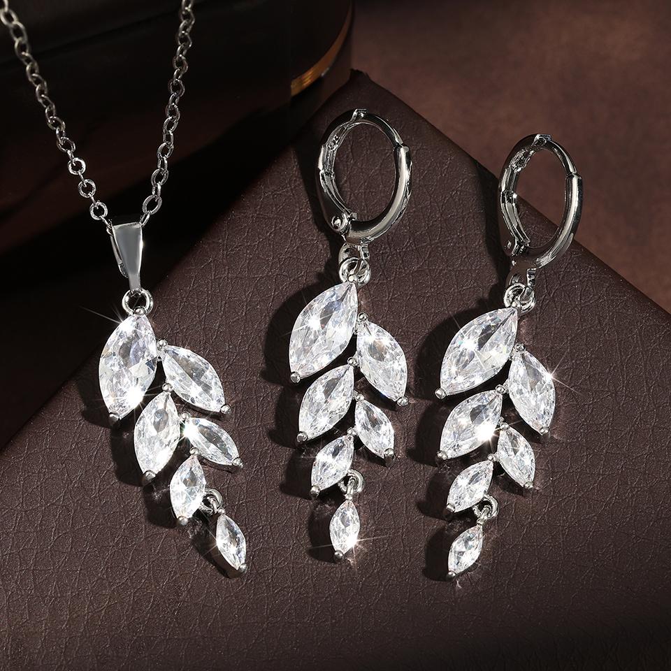 ZAKOL Poland Style Cubic Zirconia Leaf Hook Earrings Necklace Set for Women Elegant Bridal Wedding Party Jewelry Dress