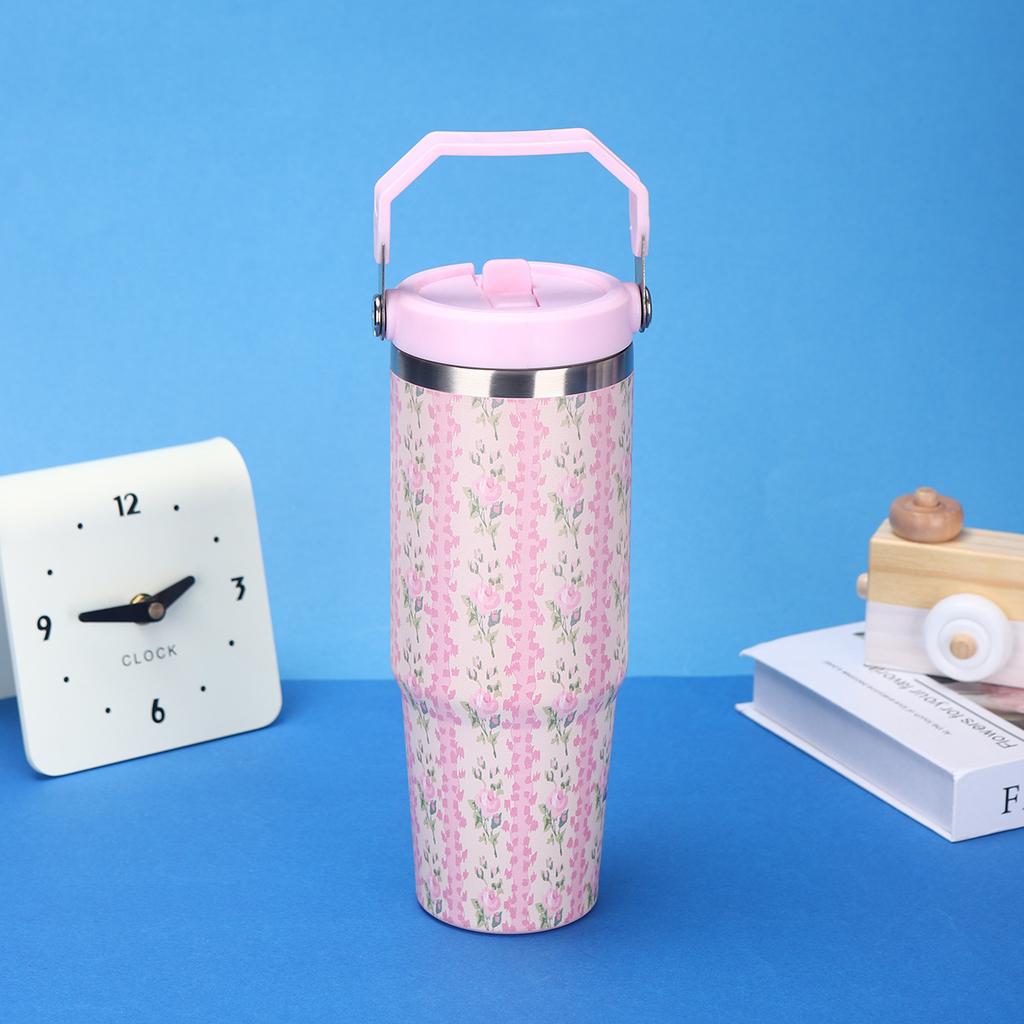 Flower-Shaped Outdoor Portable Insulated Cup, Double-Layer Vacuum Car Cup, Large Capacity with Straw, Portable Ice Cream Cup
