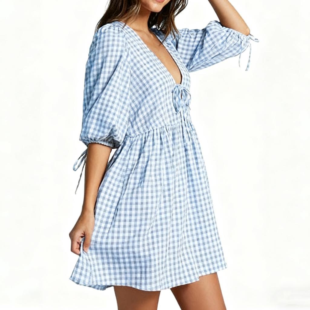 Women's  Plaid Tie-Front Babydoll Dress With Ruffles, Puff Long Sleeves, V-Neck, Peplum Waist, Sundress For Beach