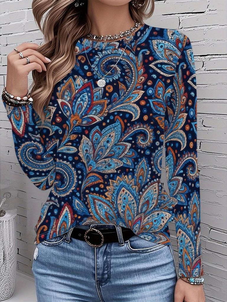 Women's T-Shirts Spring Autumn Bohemian Style Fashion Casual Vintage Pattern Female Long Sleeve T-Shirt Loose Womens Clothing