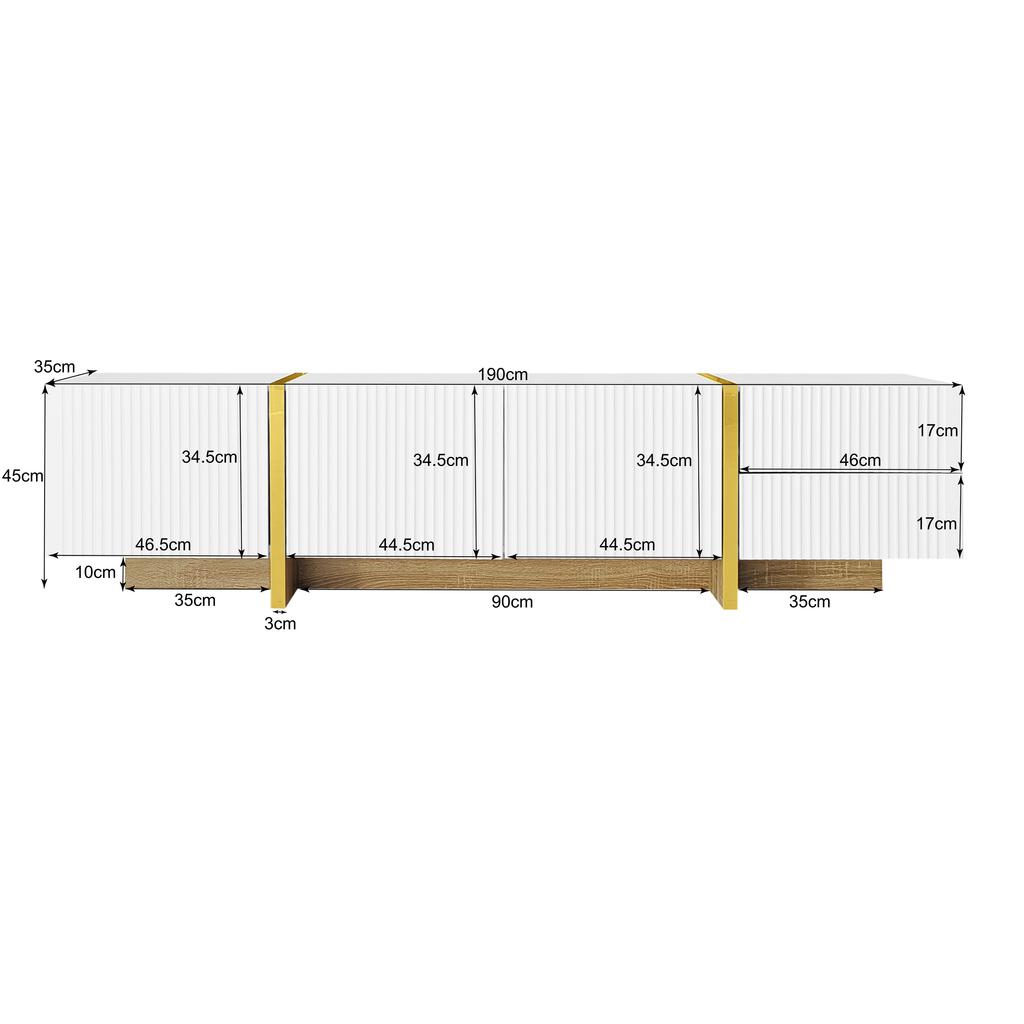 190 cm TV Cabinet, 3 Doors, 2 Drawers, White with Gold and Wood Grain