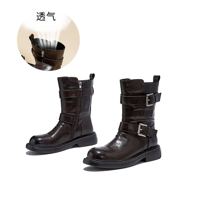 Leather retro Martin boots 2025 winter British style one-word buckle thin boots foreign style short boots
