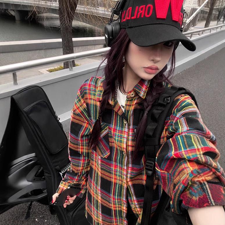 

American Retro Plaid Long Sleeve Women s Jacket & Shirt for Spring/Autumn Large