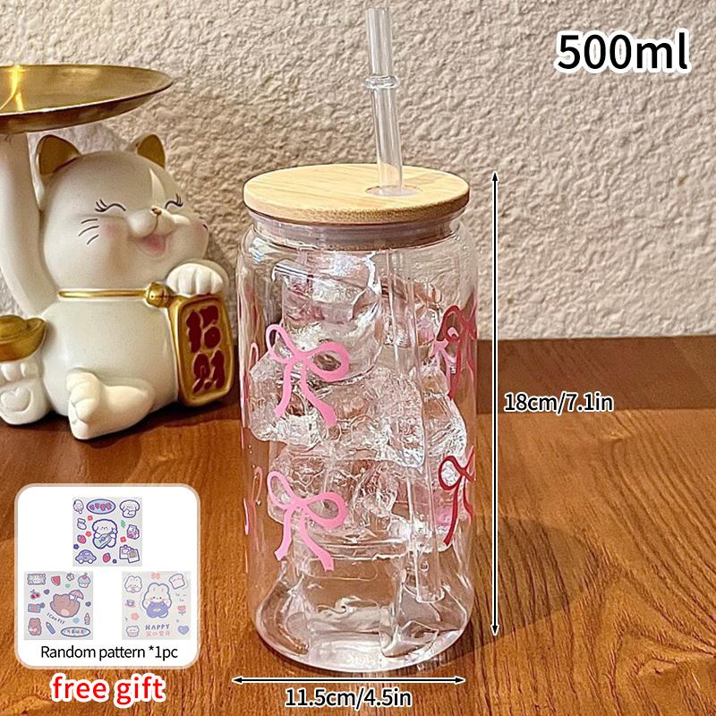 500ml/16oz Cute Bow Glass Cup Tumbler Summer Water Bottle Bow With Lids Straw Coffee Cups for Bubble Tea Iced Coffee Juice Cup