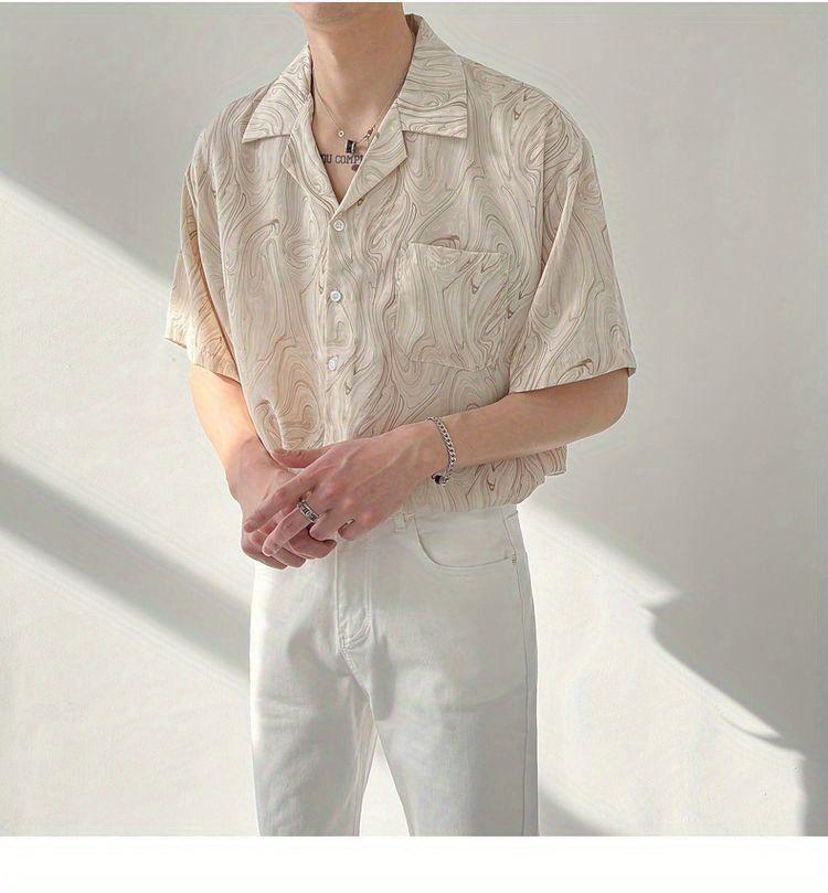 Stijlvolle Bedrukte Losse Overhemden Herenkleding Vintage Omgeslagen Kraag Zomer Koreaans Korte Mouw Casual Enkelrijige Overhemden