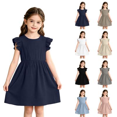 Girls Short Sleeve Ruffle Dress Soft Cotton Crewneck Casual A Line Knee Length Dress for Kids Toddler Children