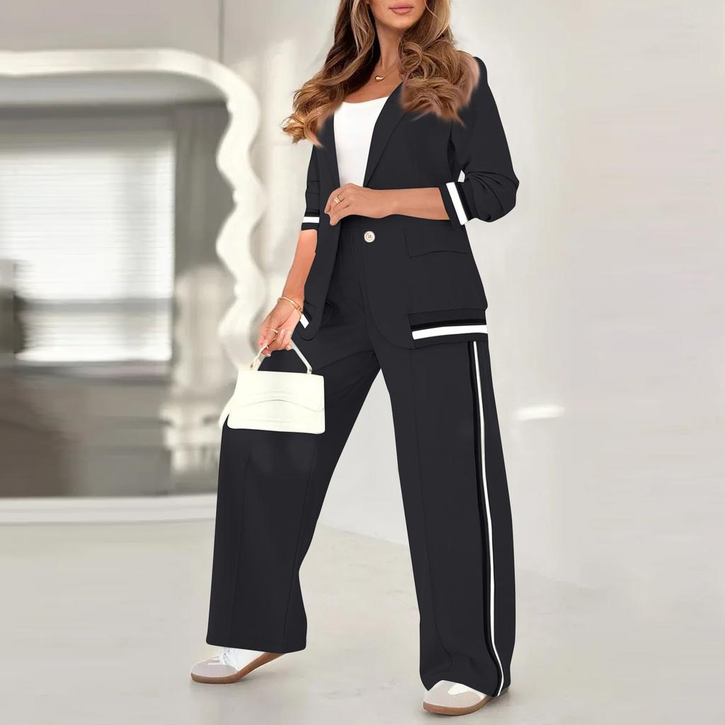 

Женский костюм из длинного пальто и широких брюк, деловой повседневный костюм-двойка XXXL чёрный