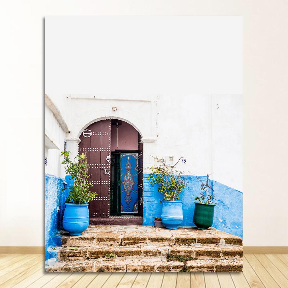 Morocco Building Wall Art Canvas Painting Religion School Picture For Living Room Home Decor Mosque Blue Door Nordic Poster