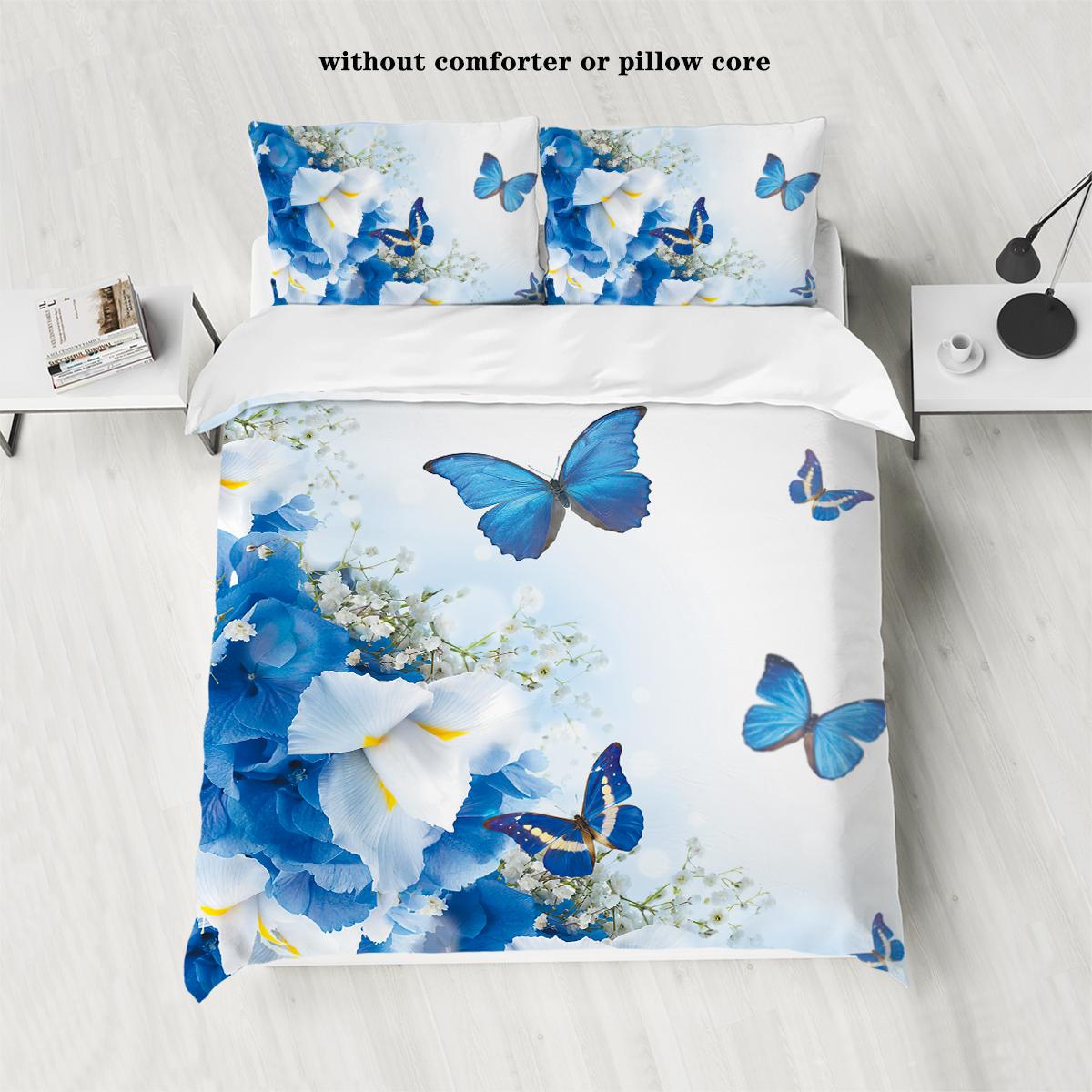 

3-piece down duvet cover set with blue butterfly floral print (1 duvet cover+2 pillowcases, no core) Soft bedding set 135x200cm-EU-Single