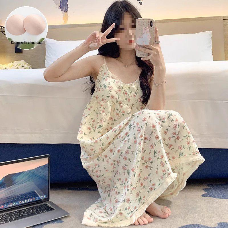 Women's Apricot Lace-Trimmed Camisole Nightgown - Padded Bust, Casual Summer Home Wear Skirt Pajamas