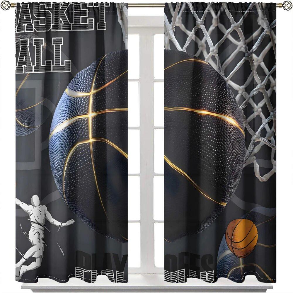 2 Stück Basketball moderne Kunst bedruckte Vorhänge, Stangentasche Raumdekoration, Heimdekoration