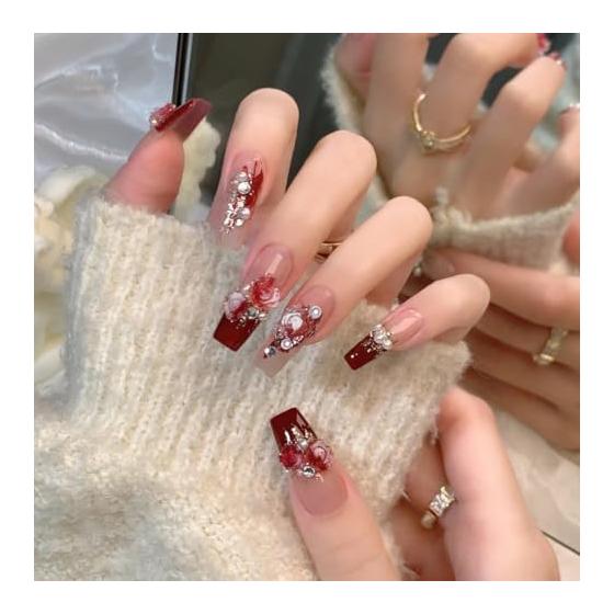 XUZOO Nail Tips False Nails Cute Stylish Popular Simple Bride Nail Tips 3D False Nails Wedding Crystal Pearl Butterfly Flower Ribbon 3D Short Long