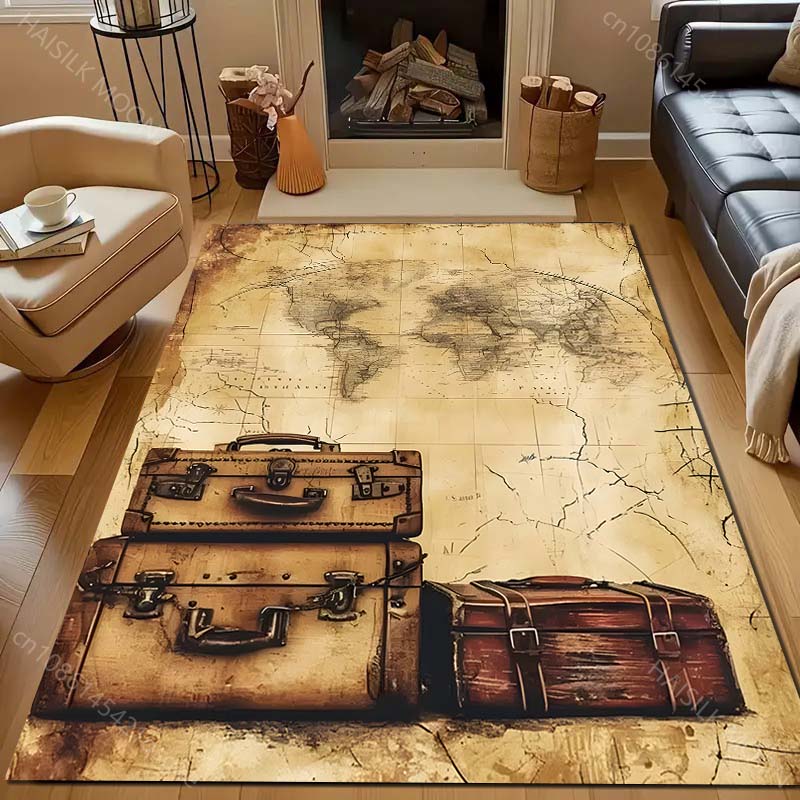 Koffer und Weltkarte bedruckter Teppich für Schlafzimmer Wohnzimmer Bettseite Sofa Bodenmatte Modernes Wohndekor Bereichsteppich Große Größe